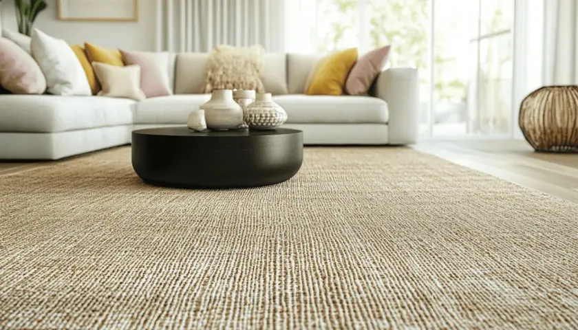 Un salon moderne avec un tapis en jonc de mer, un canapé blanc, une table basse noire et des coussins colorés. L'entretien du jonc de mer est simple pour garder cet espace accueillant.