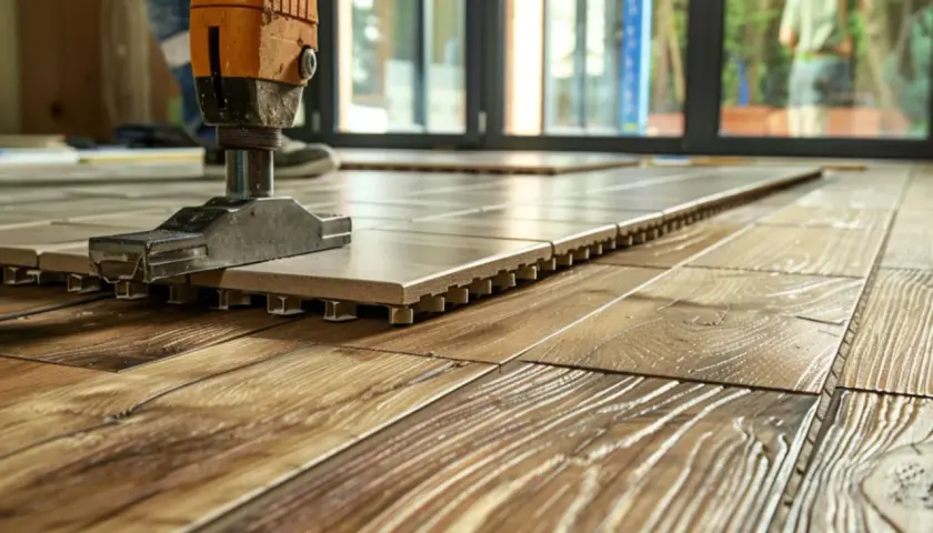 Pose d'un nouveau **plancher bois** avec un outil de pose. Les lames s'emboîtent sur des supports.