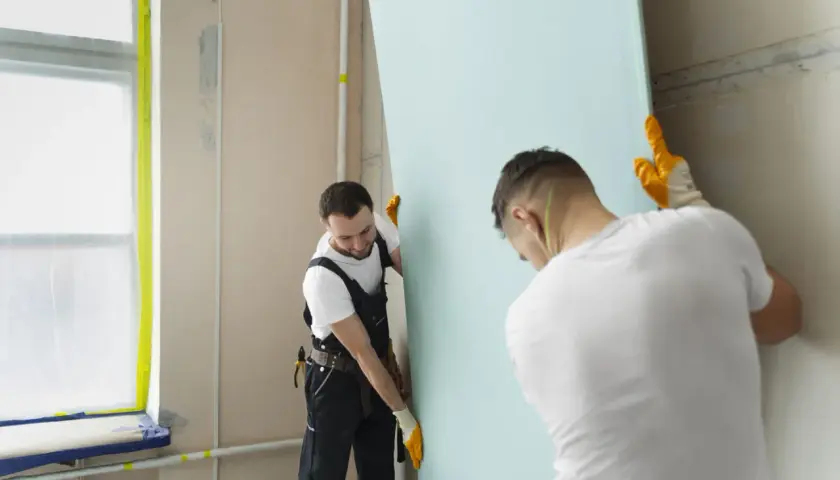Deux ouvriers installent une plaque de plâtre. Attention à la poussière de plâtre, danger pour les voies respiratoires.