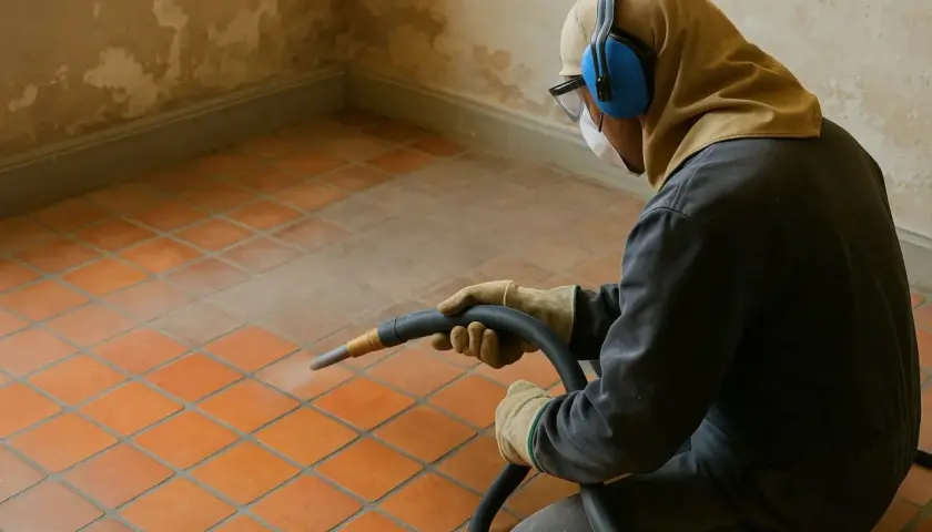 Un ouvrier équipé utilise un appareil pour enlever la laitance du carrelage, révélant sa couleur d'origine.