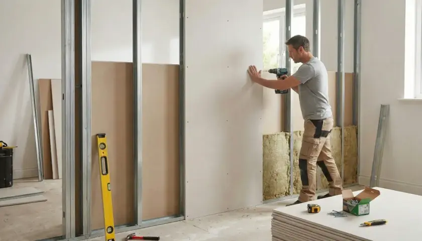Un homme utilise une perceuse pour monter une cloison en placo sur une structure métallique. Des matériaux de construction sont visibles.