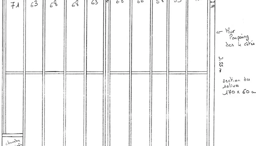Schéma de calcul solivage plancher bois. Vue en coupe des solives numérotées (71, 63, 68, etc.) et des dimensions.