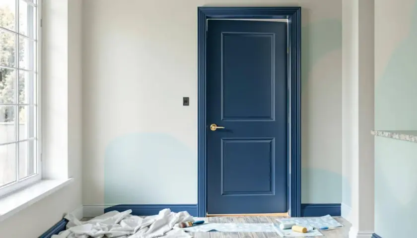 Une porte bleu marine, relookée avec des moulures, est prête pour une nouvelle vie. Des rouleaux et pinceaux au sol indiquent un projet de décoration en cours.