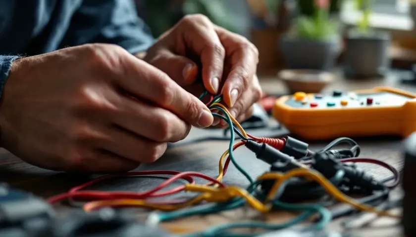 Mains de technicien travaillant sur le branchement interphone, fils colorés et multimètre en arrière-plan.