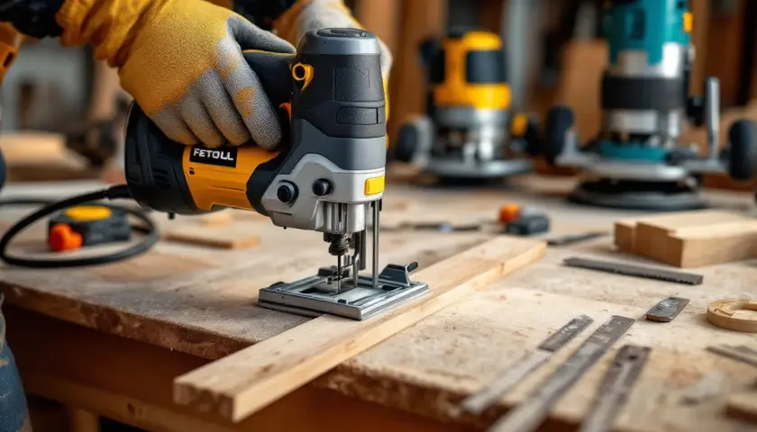 Mains gantées pilotant une scie sauteuse pour une coupe de travers sur une planche de bois. Outils de menuiserie en arrière-plan.