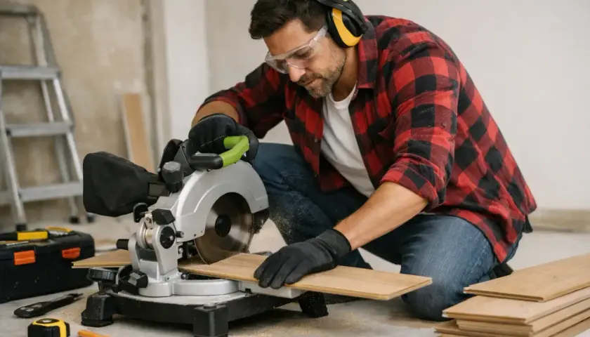 Homme en chemise à carreaux, lunettes et casque, effectuant une découpe parquet avec une scie circulaire.