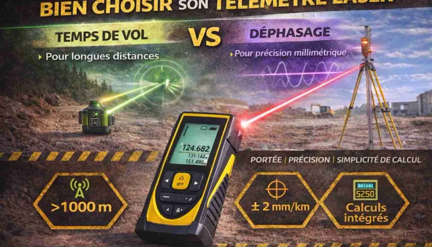 Le télémètre laser utilise le temps de vol ou le déphasage pour mesurer la distance. Cet appareil est idéal pour les longues distances et offre une précision millimétrique.