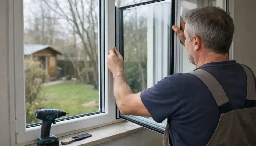 Un homme en salopette installe une nouvelle vitre double vitrage. Une perceuse est posée sur le rebord de la fenêtre.