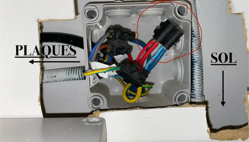 Boîtier électrique ouvert avec fils rouges, bleus et jaunes. Une prise male pour four est visible, connectée à des fils.