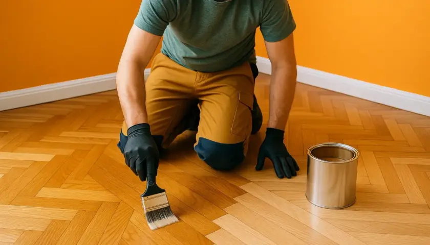 Un homme agenouillé applique un vernis sur un parquet en chevrons, début de la rénovation parquet.