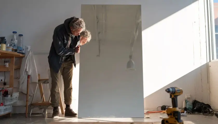 Un homme se penche pour accrocher un miroir au mur dans son atelier. Des outils sont posés au sol.