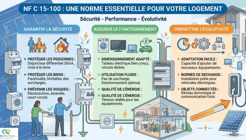 Schéma illustrant la norme NF C 15-100 pour un logement, couvrant sécurité, fonctionnement et évolutivité, avec un focus sur le type de prise et les équipements modernes.