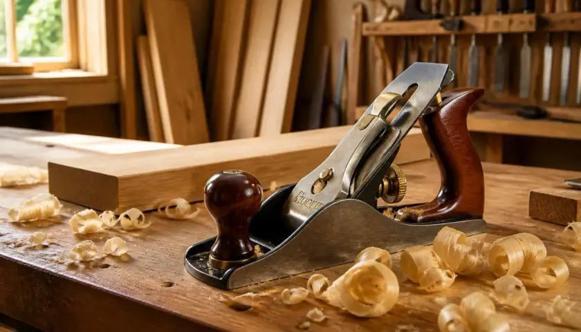 Un rabot en bois, un outil ébéniste essentiel, repose sur un établi couvert de copeaux. Des planches de bois et des ciseaux sont visibles en arrière-plan.