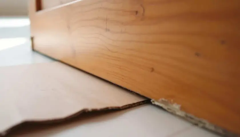 Le bas d'une porte en bois est légèrement surélevé, révélant un espace où du carton est glissé pour le détalonnage.