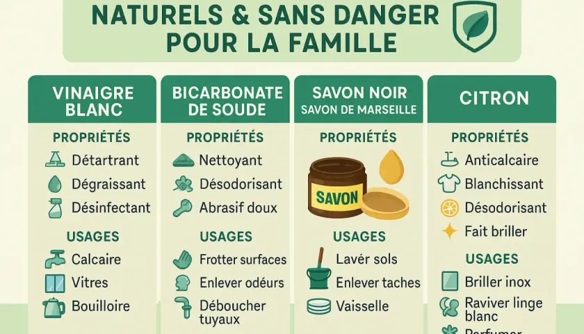 Tableau comparatif des produits ménagers naturels : vinaigre blanc, bicarbonate de soude, savon noir et citron. Idéal pour nettoyer jonc de mer vinaigre blanc.