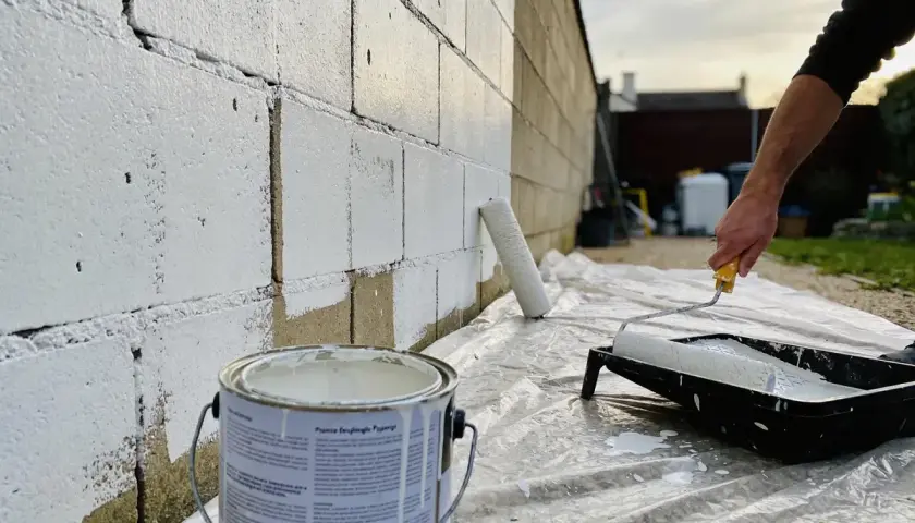 Un rouleau blanc est utilisé pour peindre un mur en parpaing avec de la peinture blanche. Une boîte de peinture est visible au premier plan.