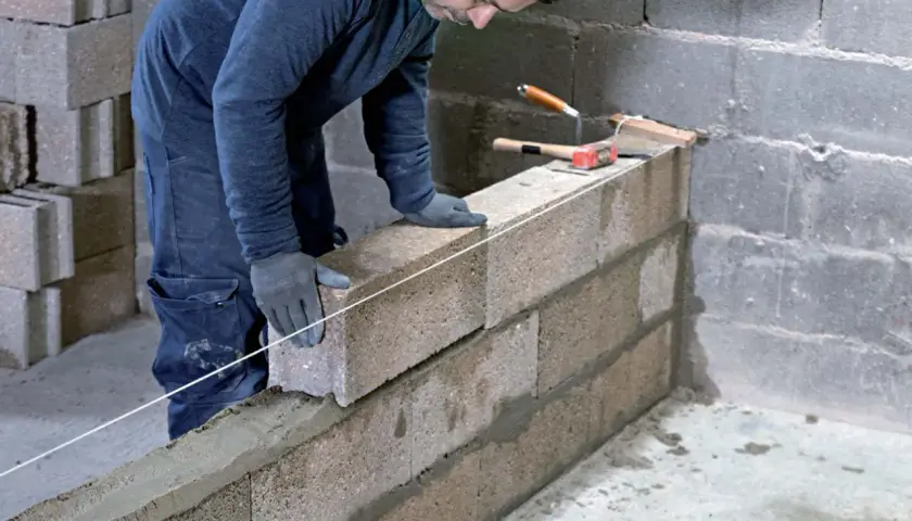 Un maçon pose une brique sur un mur en agglo, guidé par un fil à plomb. Outils de maçonnerie à proximité.