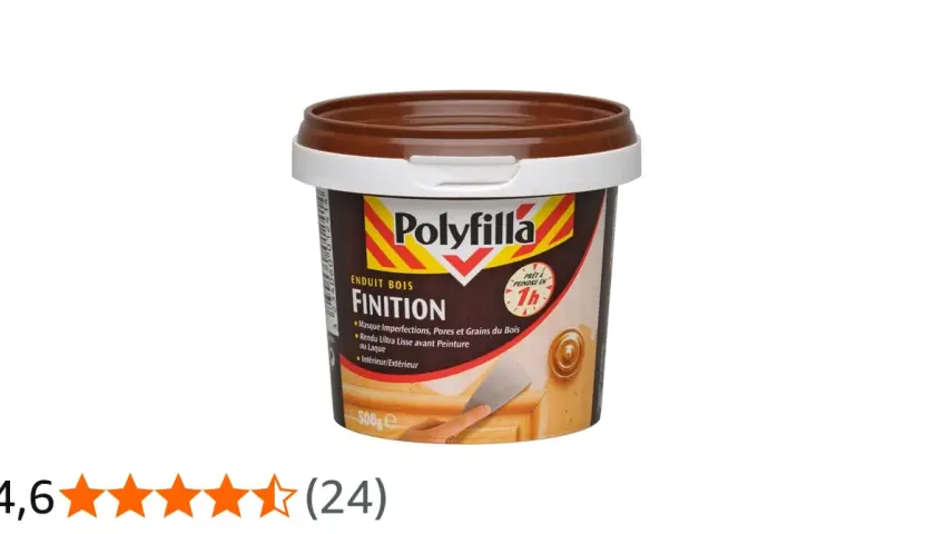 Pot d'enduit bois Polyfilla Finition. Idéal pour masquer imperfections et grains du bois avant ponçage et peinture. Quel grain pour poncer enduit finition ? Ce produit assure un rendu lisse.