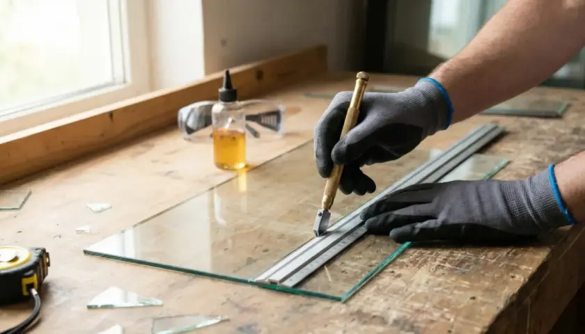 Mains gantées utilisant un coupe-verre pour découper une plaque de verre sur un établi.