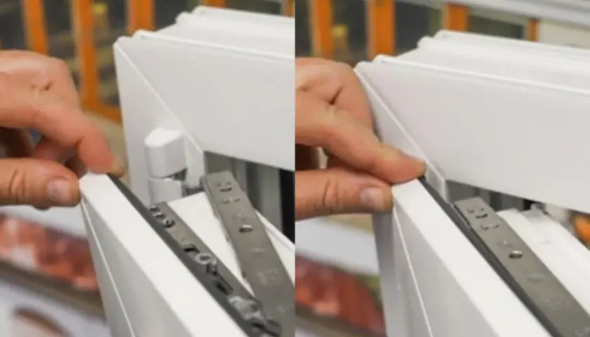Main gauche ajustant un joint sur une fenêtre blanche, montrant le mécanisme de fermeture. La **fenêtre bloquée** semble être en cours d'installation ou de réparation.