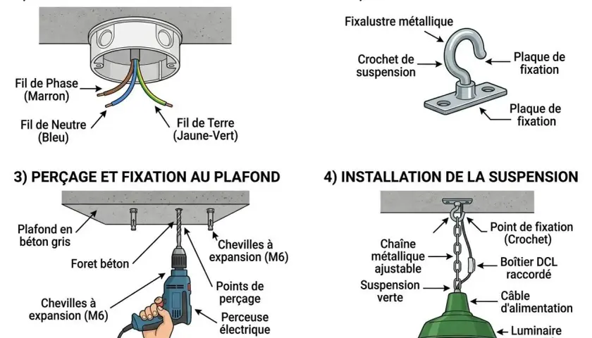 Schéma illustrant le branchement lampe plafond : préparation du boîtier DCL, fixation du crochet, perçage du plafond et installation finale du luminaire.