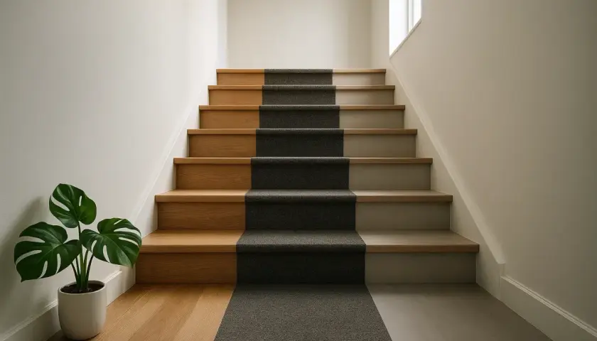 Un escalier moderne avec des marches en bois et un tapis en lino gris. Une plante verte décore le bas.