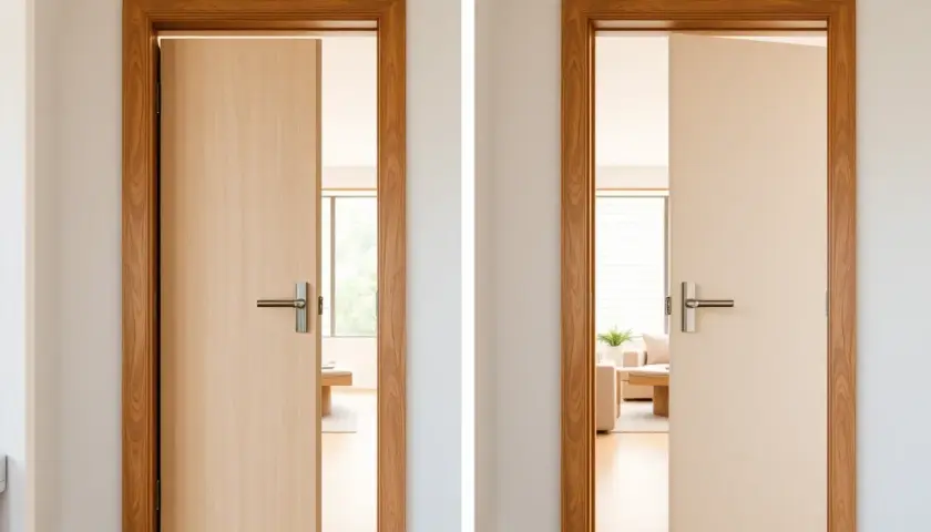 Deux portes en bois, l'une ouverte vers l'intérieur, l'autre vers l'extérieur, illustrant le sens d'ouverture des portes réglementation.