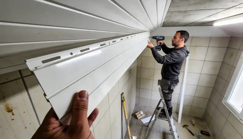 Un homme sur une échelle réalise la pose de lambris PVC au plafond. Des outils sont visibles au sol.