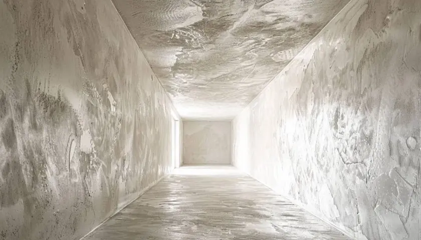 Couloir en cours de finition, les murs et le plafond montrent les traces de l'application de l'enduit. La lumière éclaire la perspective.