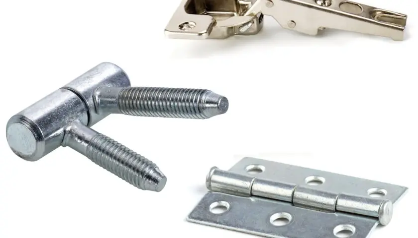Trois différents types de charnières : une charnière de meuble plaquée, une charnière à vis et une charnière plate.