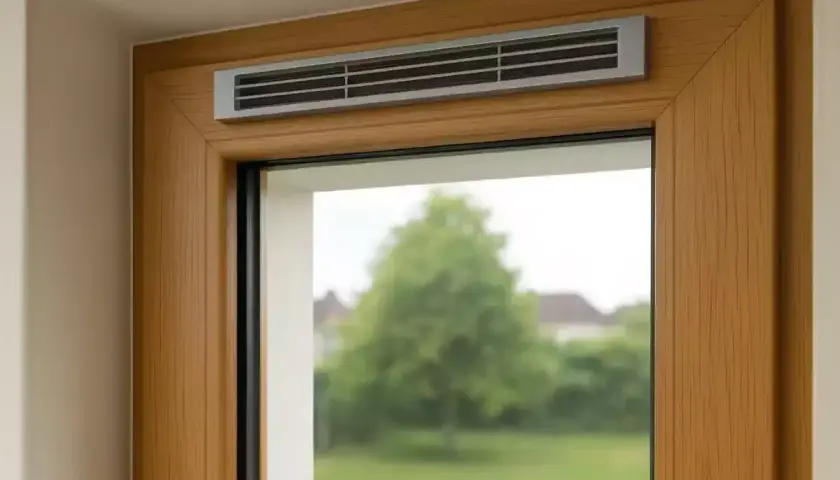 Grille d'aération discrète intégrée au cadre en bois d'une fenêtre, assurant une ventilation naturelle et constante.
