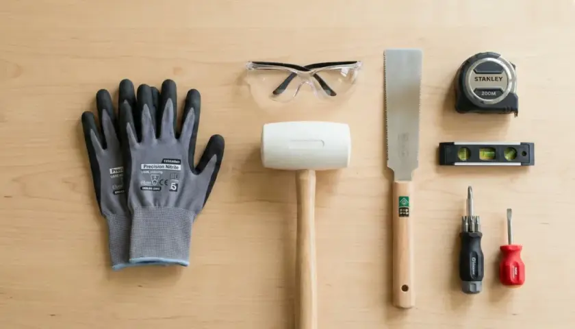 Une paire de gants, lunettes de protection, maillet, scie, mètre ruban, niveau à bulle et tournevis : des outils de base pour bricoler.