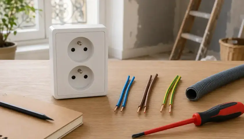Double prise électrique blanche sur table en bois, fils électriques, tournevis, gaine et carnet. Idéal pour calculer combien de prise sur un disjoncteur 16a en 2.5.