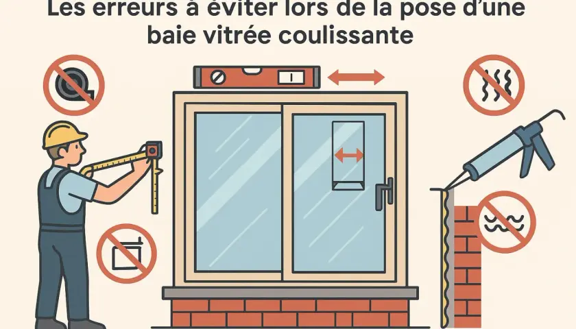 Un ouvrier mesure une baie vitrée coulissante. Des icônes indiquent les erreurs à éviter lors de la pose, comme l'utilisation d'un mètre ruban ou une mauvaise étanchéité.