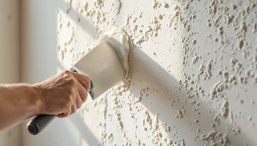 Main tenant enlever du crépi intérieur avec une spatule. La texture du mur est granuleuse et irrégulière.