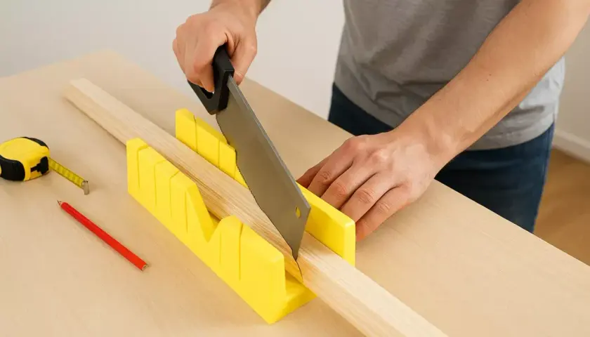 Main tenant une scie pour réaliser une coupe à onglet précise dans une pièce de bois. Un mètre ruban et un crayon sont à proximité.