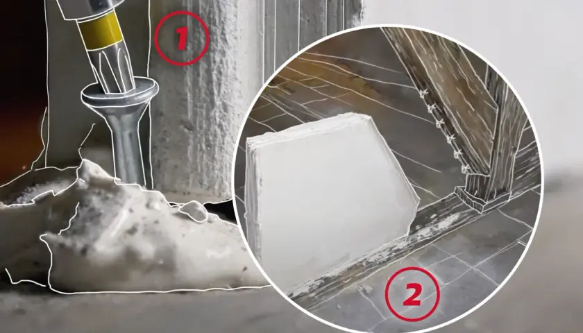 Visuel montrant une charge lourde sur carreau de plâtre, avec une vis s'enfonçant dans le matériau. Une seconde image montre une structure en bois.