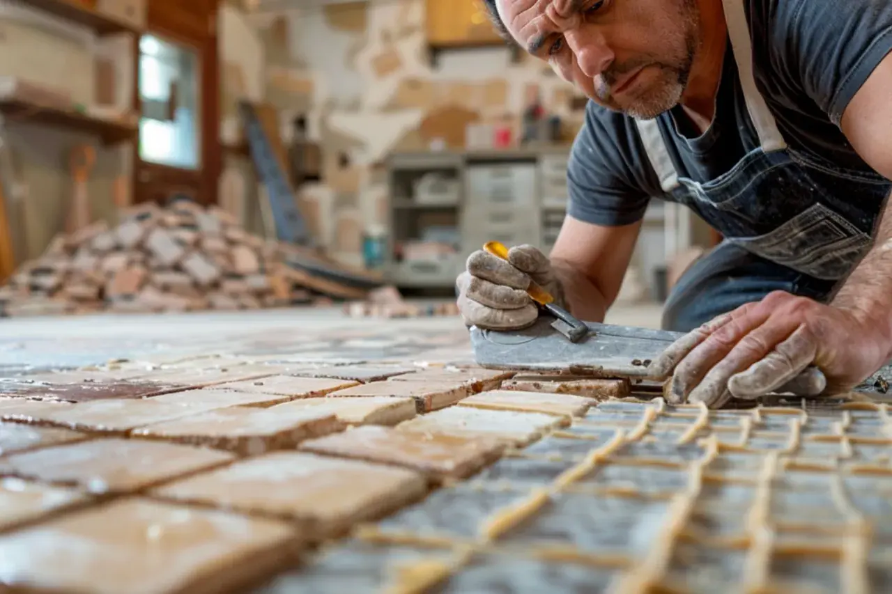Un artisan méticuleux utilise un outil pour enlever le carrelage ancien, préparant le sol pour une nouvelle pose.