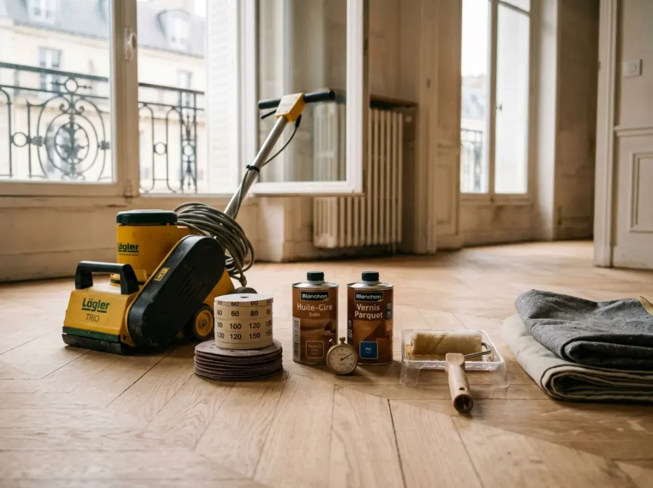 Un rabot parquet, disques abrasifs, vernis et rouleau prêts pour redonner vie à un plancher de bois.