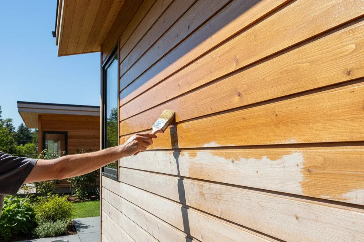 Application d'une lasure sur une fenêtre en bois, protégeant le bardage extérieur.