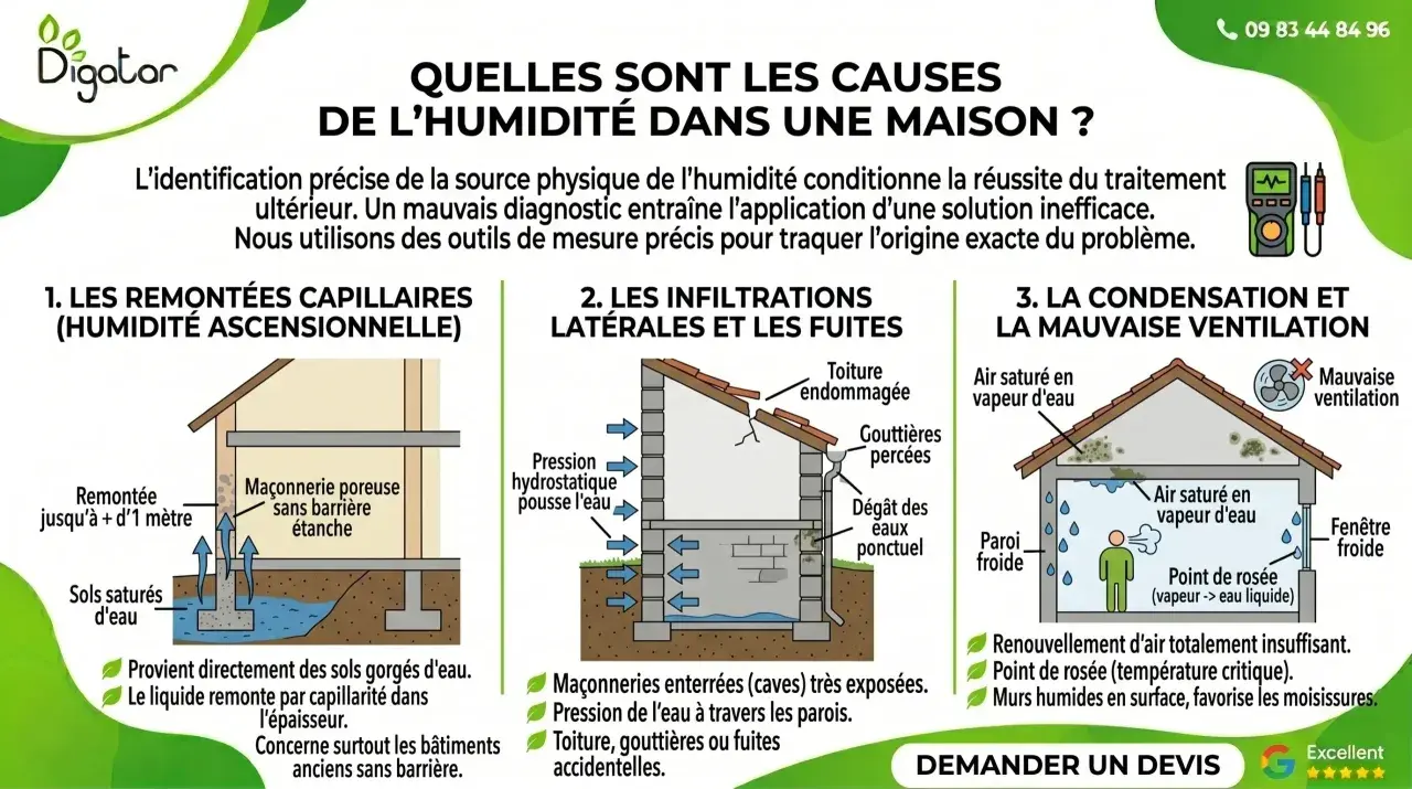 Causes d'un mur humide : remontées capillaires, infiltrations, condensation. Identifier la source est crucial pour un traitement efficace.