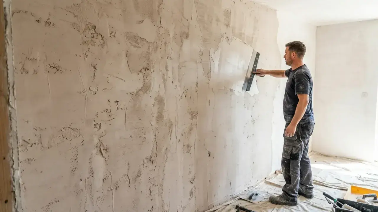 Un ouvrier utilise une taloche pour poncer un mur en plâtre, préparant la surface pour la peinture.