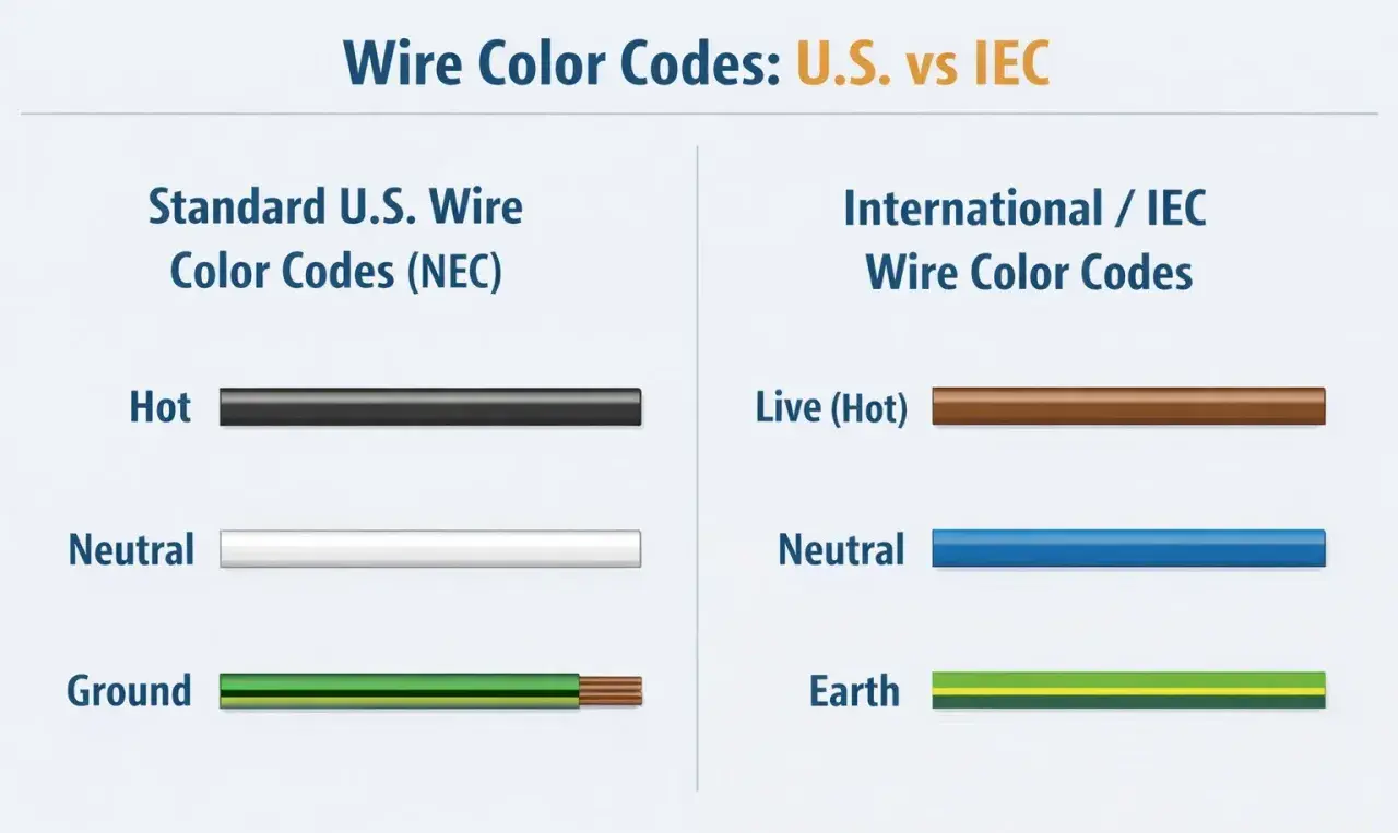 Comparaison des codes couleur des fils électriques : US vs IEC. Le fil "Hot" est noir aux US, marron à l'international. Le fil "Neutral" est blanc aux US, bleu à l'international. Le fil de terre (Ground/Earth) est vert/jaune.