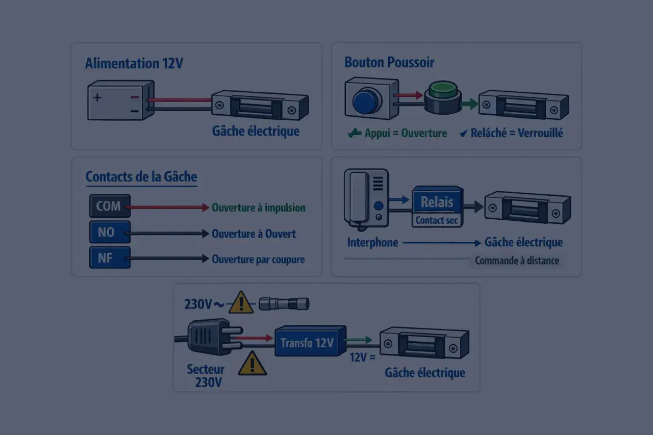 Schéma de branchement d'une gâche électrique 12V avec alimentation, bouton poussoir, interphone et contacts.