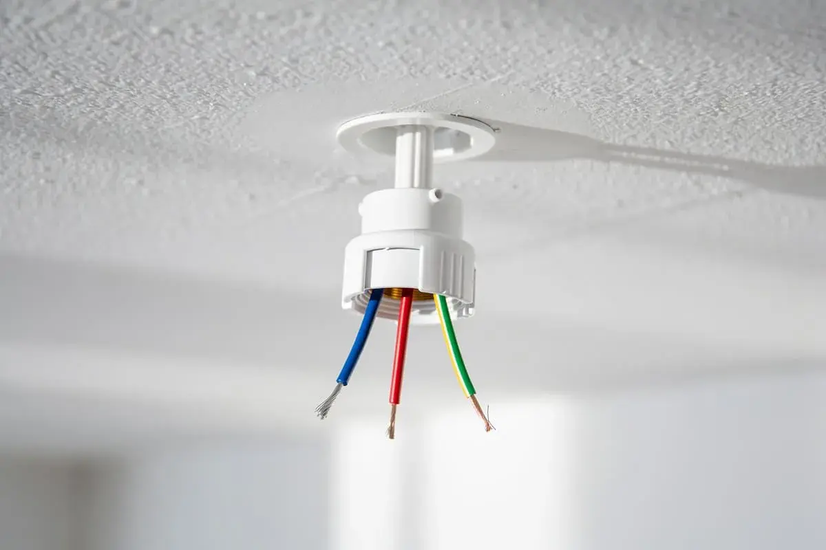 Douille de plafond avec fils dénudés : bleu (neutre), rouge (phase) et vert/jaune (terre). Utile pour reconnaitre phase et neutre sur une douille.