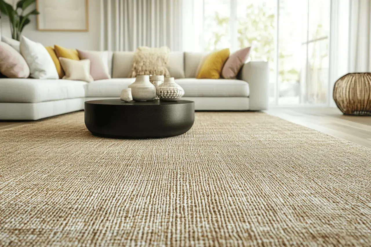 Un salon moderne avec un tapis en jonc de mer, un canapé blanc, une table basse noire et des coussins colorés. L'entretien du jonc de mer est simple pour garder cet espace accueillant.
