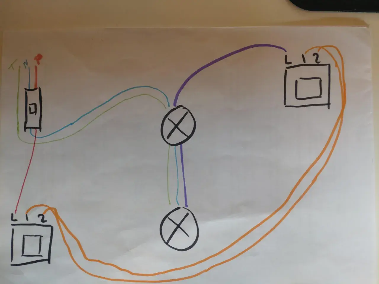 Schéma de branchement 2 interrupteurs pour 1 lampe. Le schéma montre les fils de phase, neutre et terre connectés à deux boîtiers, puis à deux symboles de connexion croisée, et enfin à un symbole de lampe.
