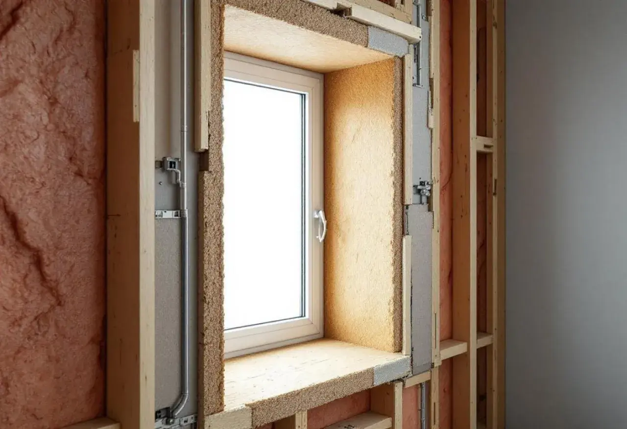 Fenêtre en pose en tunnel, avec isolation en fibre de bois et structure bois visible.