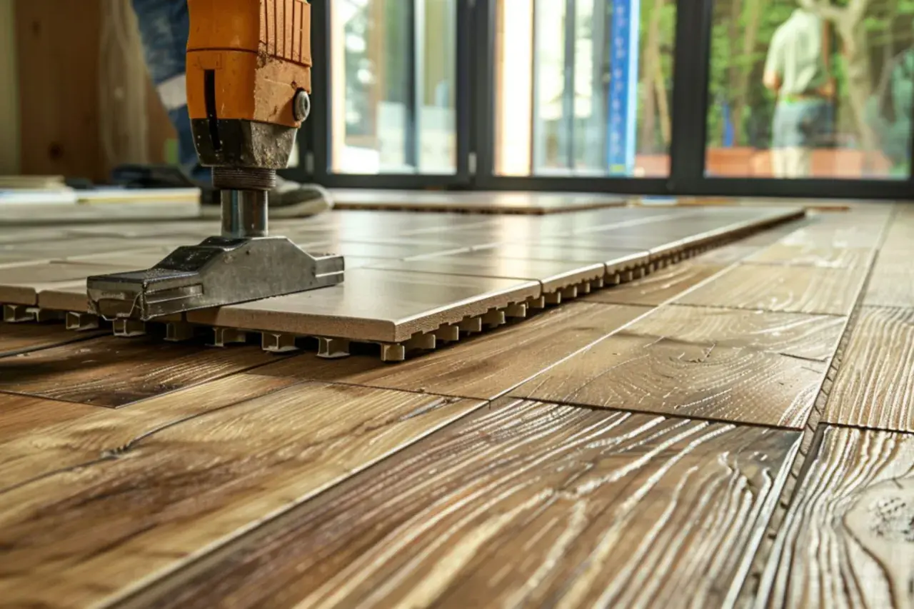 Pose d'un nouveau **plancher bois** avec un outil de pose. Les lames s'emboîtent sur des supports.