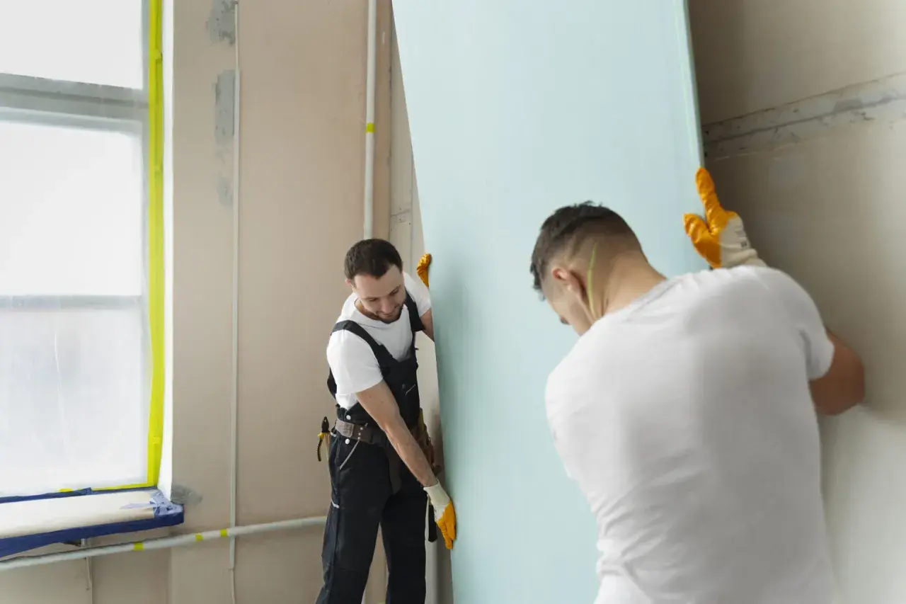 Deux ouvriers installent une plaque de plâtre. Attention à la poussière de plâtre, danger pour les voies respiratoires.